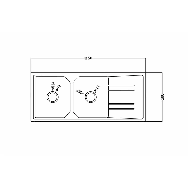 11650 style a 1160x500 quartz composite draining board kitchen sink dimension drawing, 1160 x 500 mm