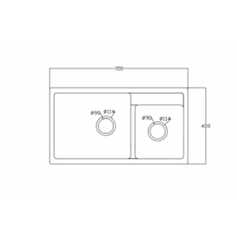 7240c 720x400 quartz composite topmount double bowl sink dimension drawing, 720 x 400 mm