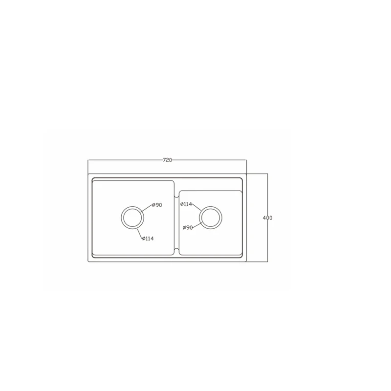 7240S quartz composite sink dimension drawing, 720 x 400 mm, twin 114 mm drain covers