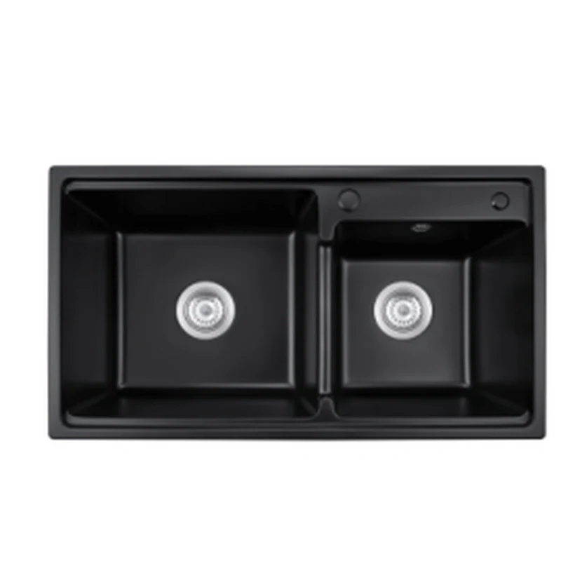 7240S topmount quartz composite double bowl kitchen sink, 720 x 400 mm, large and small bowl, black