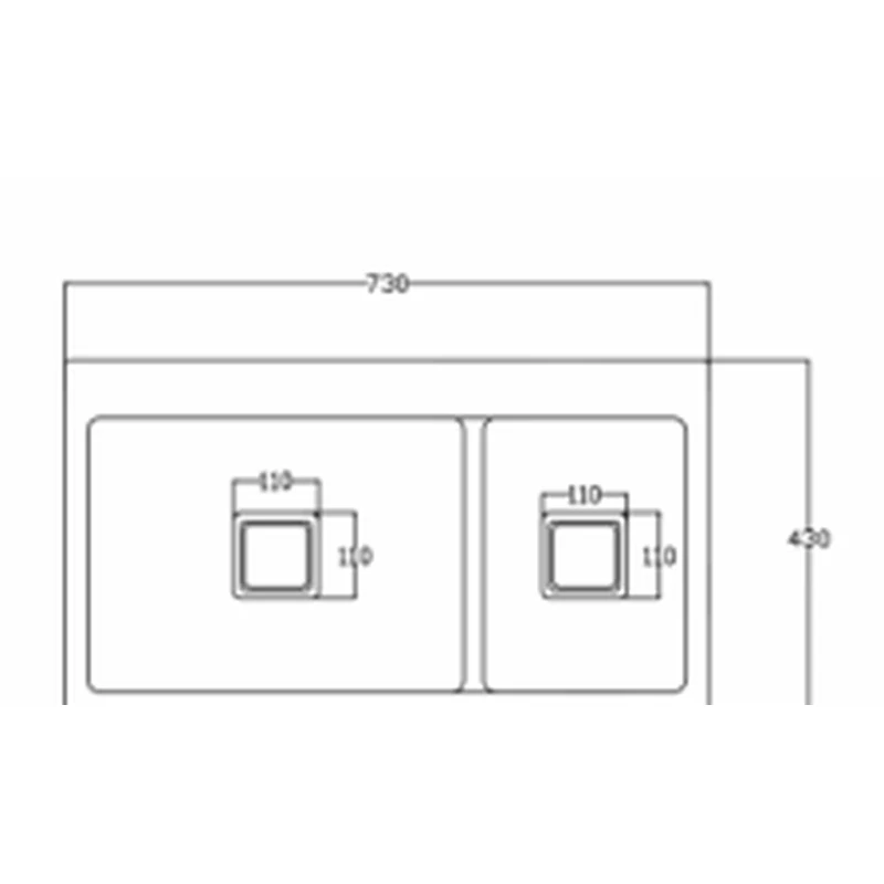 7343 730x430 quartz composite partitioned double sink dimension drawing, 730 x 430 mm