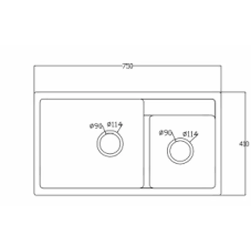 7541c 750x410 quartz composite topmount double bowl sink dimension drawing, 750 x 410 mm