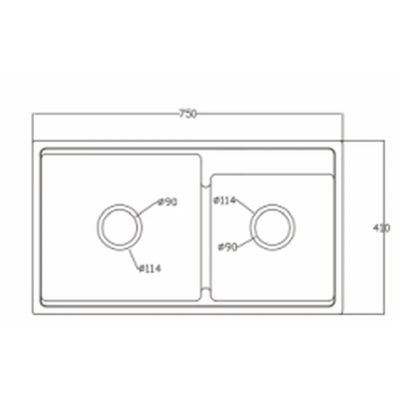 7541S quartz composite sink dimension drawing, 750 x 410 mm, twin 114 mm drain covers