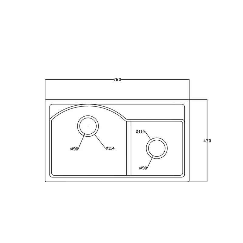 7647 760x470 quartz composite topmount double basin sink dimension drawing, 760 x 470 mm