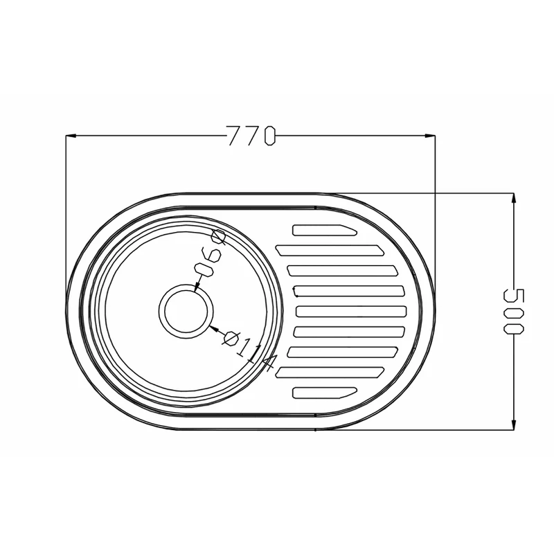 7750 round 770x500 quartz composite draining board kitchen sink dimension drawing, 770 x 500 mm