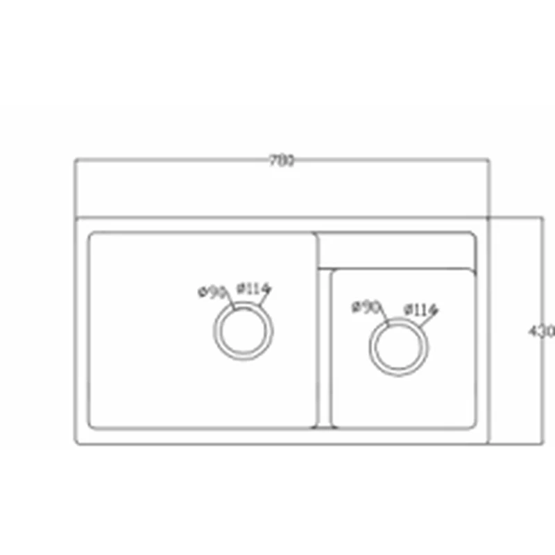 7843c 780x430 quartz composite topmount double bowl sink dimension drawing, 780 x 430 mm