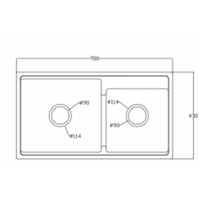 7843S quartz composite sink dimension drawing, 780 x 430 mm, twin 114 mm drain covers