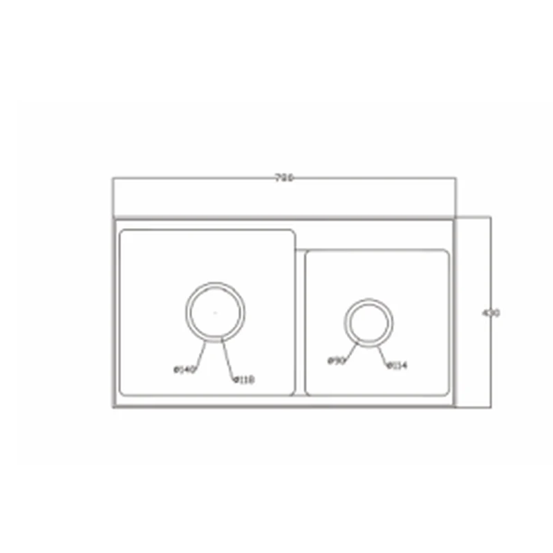 7843X quartz composite sink dimension drawing, 780 x 430 mm, twin 114 mm drain covers