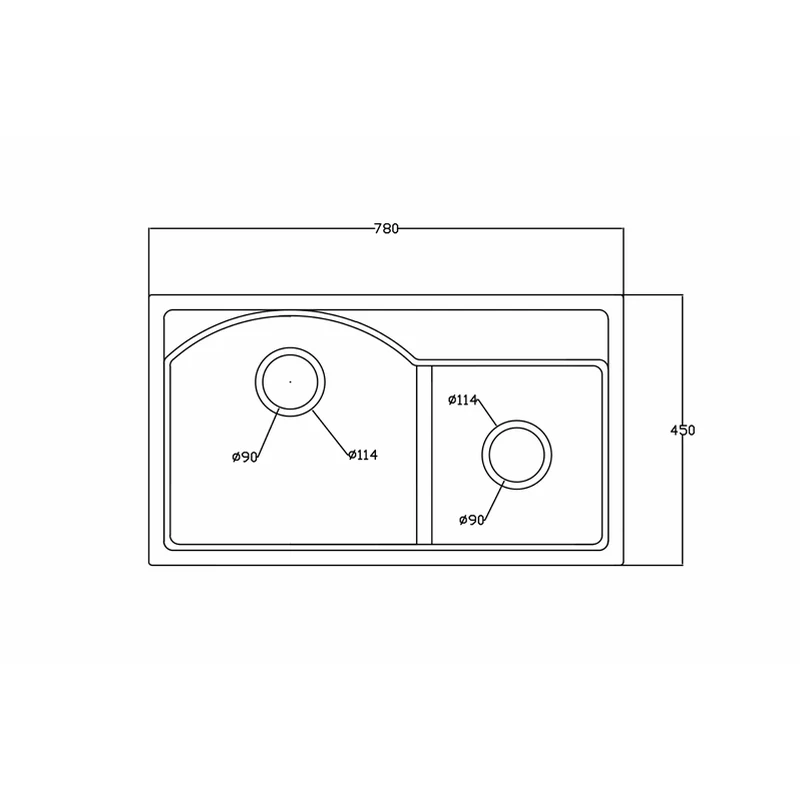 7844 780x450 quartz composite topmount double basin sink dimension drawing, 780 x 450 mm