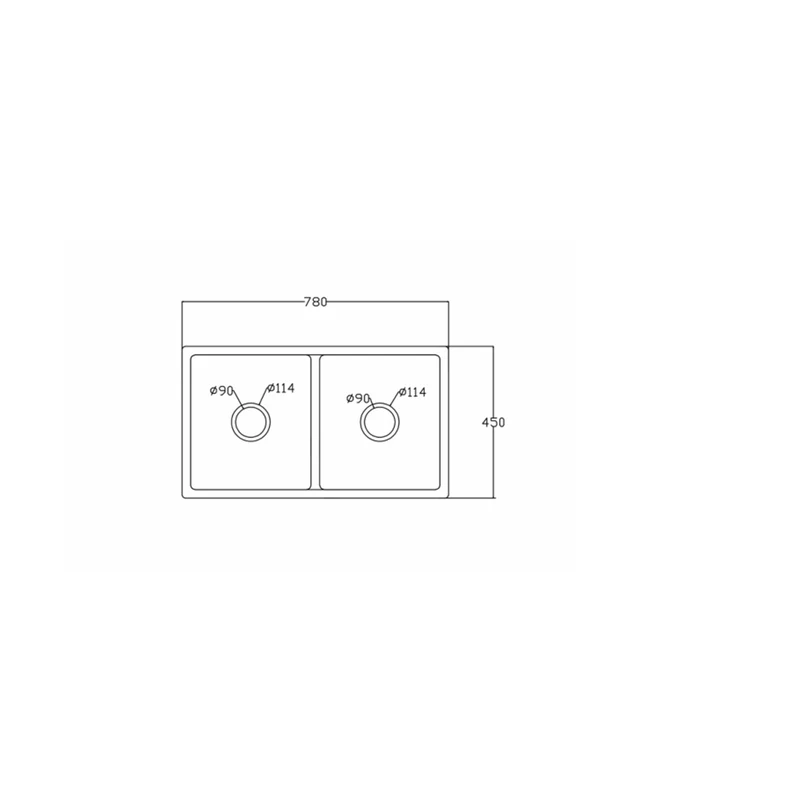 7845T quartz composite sink dimension drawing, 780 x 450 mm, twin 114 mm drain covers