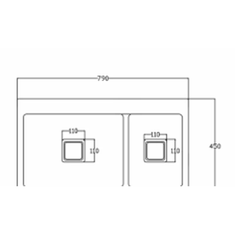 7945 790x450 quartz composite partitioned double sink dimension drawing, 790 x 450 mm
