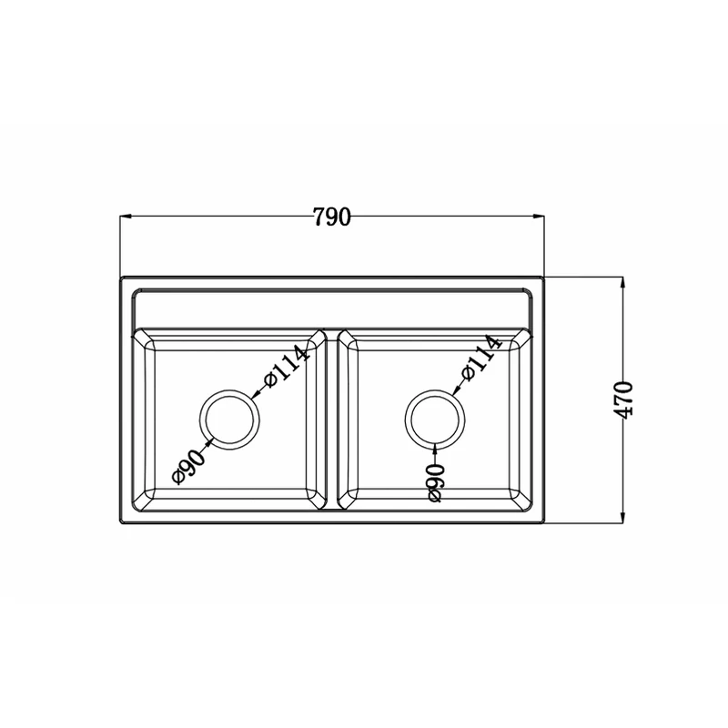 7947 790x470 quartz composite topmount double basin sink dimension drawing, 790 x 470 mm