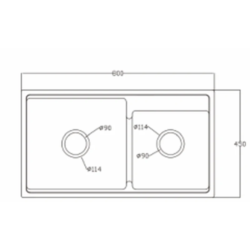 8045S quartz composite sink dimension drawing, 800 x 450 mm, twin 114 mm drain covers