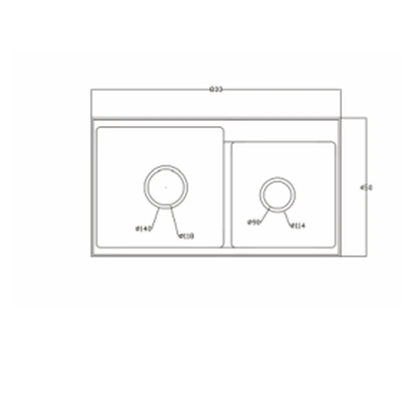 8045X quartz composite sink dimension drawing, 800 x 450 mm, twin 114 mm drain covers