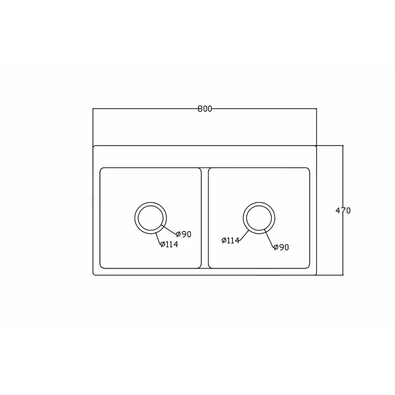 8047 800x470 quartz composite topmount double basin sink dimension drawing, 800 x 470 mm