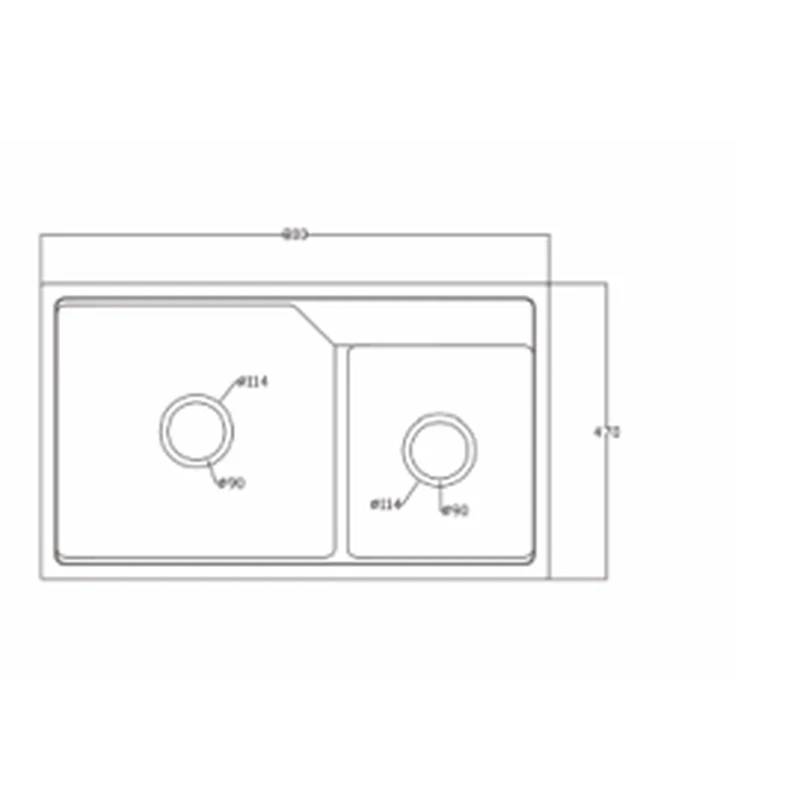 8047X quartz composite sink dimension drawing, 800 x 470 mm, twin 114 mm drain covers