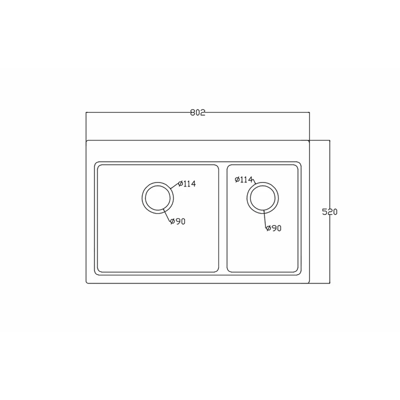 8052 802x520 quartz composite topmount double basin sink dimension drawing, 802 x 520 mm