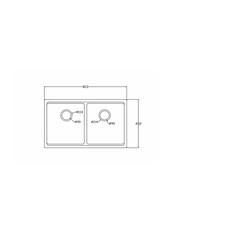 8148T quartz composite sink dimension drawing, 813 x 482 mm, twin 114 mm drain covers