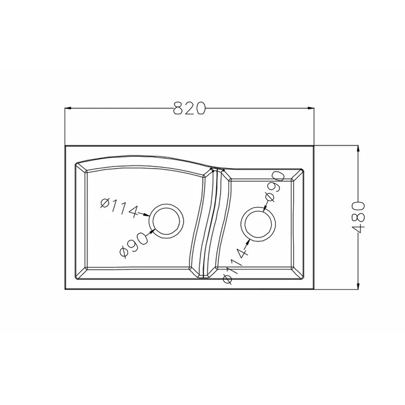 8248 820x480 quartz composite topmount double basin sink dimension drawing, 820 x 480 mm