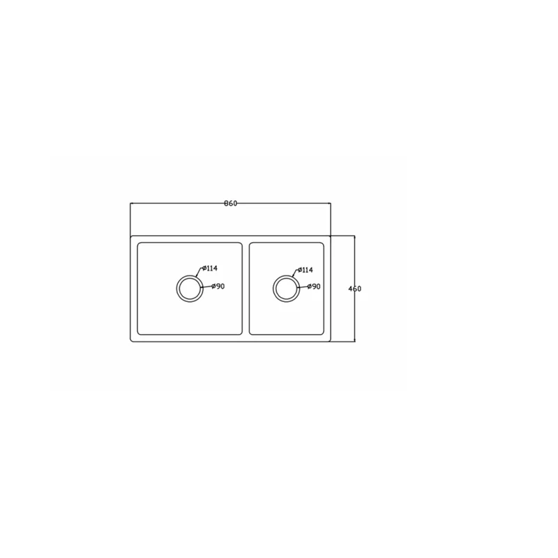 8646T quartz composite sink dimension drawing, 860 x 460 mm, twin 114 mm drain covers