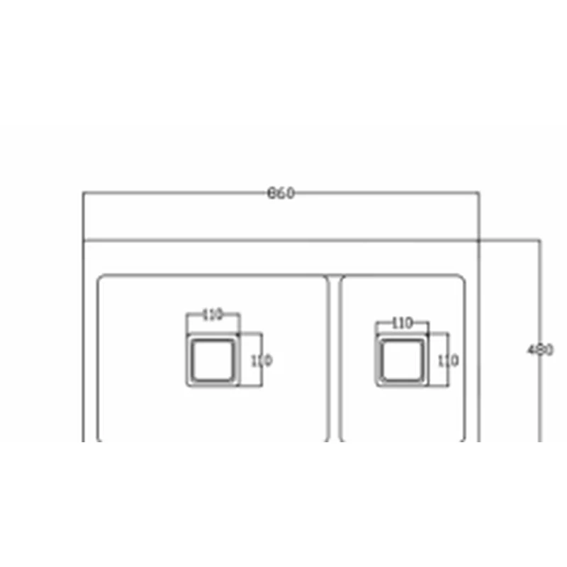 8648 860x480 quartz composite partitioned double sink dimension drawing, 860 x 480 mm