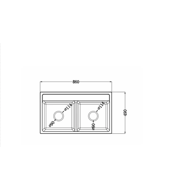 8649 quartz composite sink dimension drawing, 860 x 490 mm, twin 114 mm drain covers