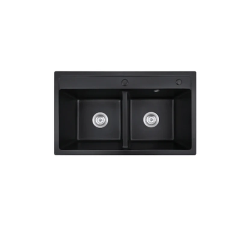 8649 topmount quartz composite double bowl kitchen sink, 860 x 490 mm, 50/50 double bowl with rear ledge, black quartz composite