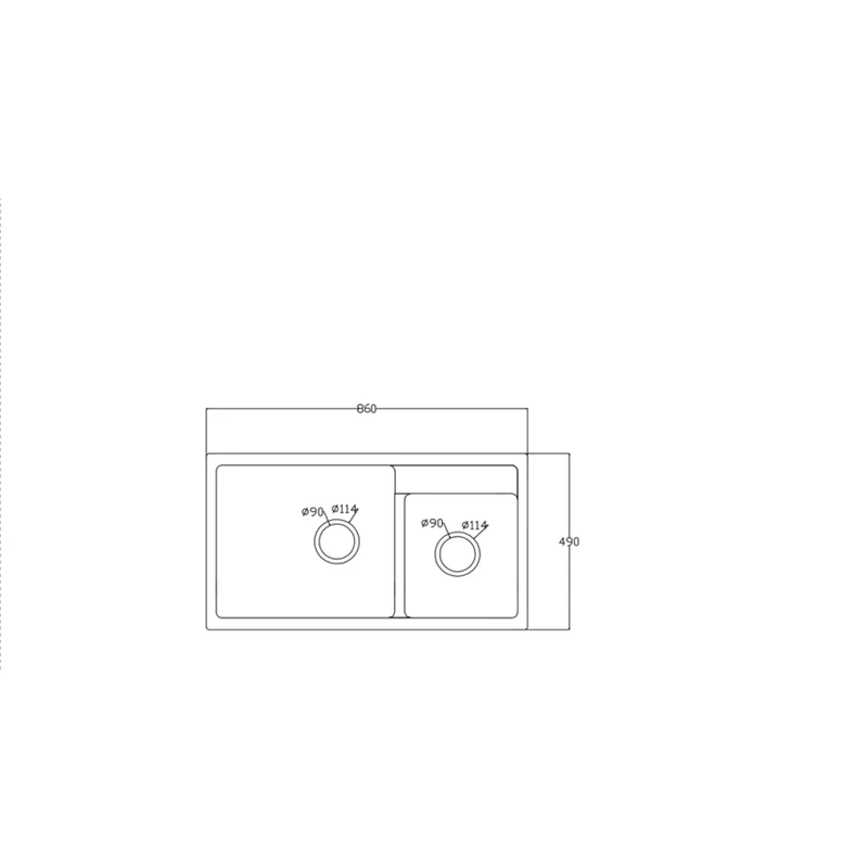 8649c 860x490 quartz composite topmount double bowl sink dimension drawing, 860 x 490 mm