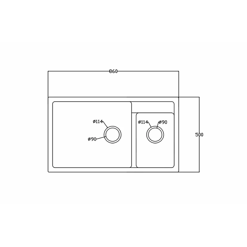 8650c 860x500 quartz composite topmount double basin sink dimension drawing, 860 x 500 mm