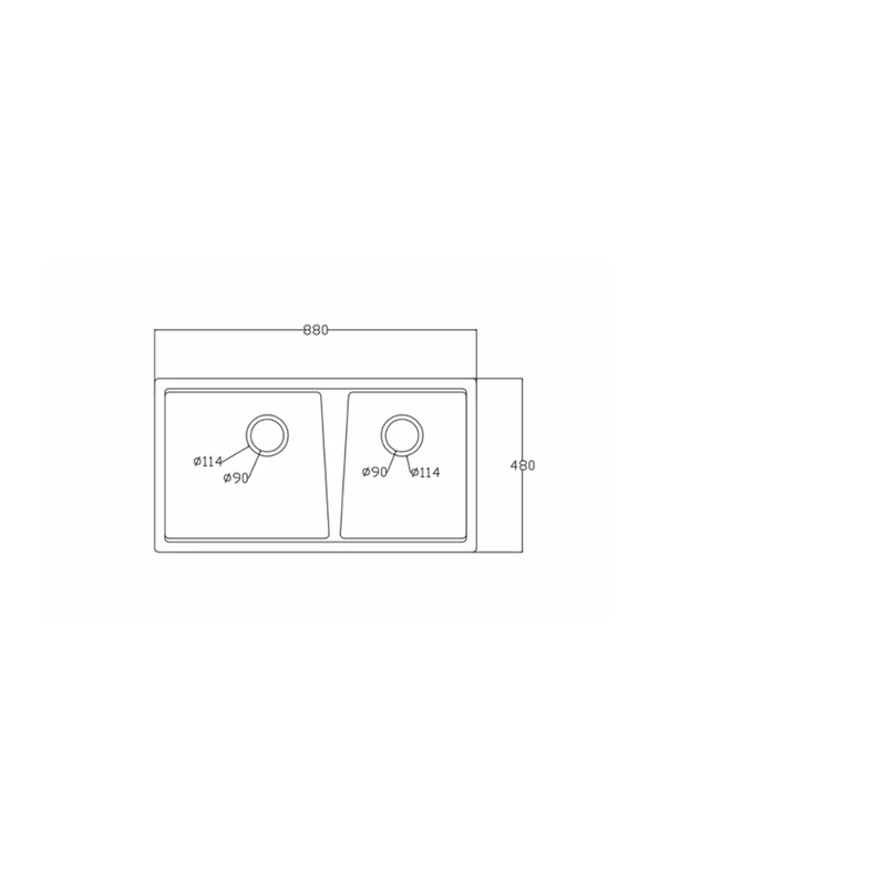 8848T quartz composite sink dimension drawing, 880 x 480 mm, twin 114 mm drain covers