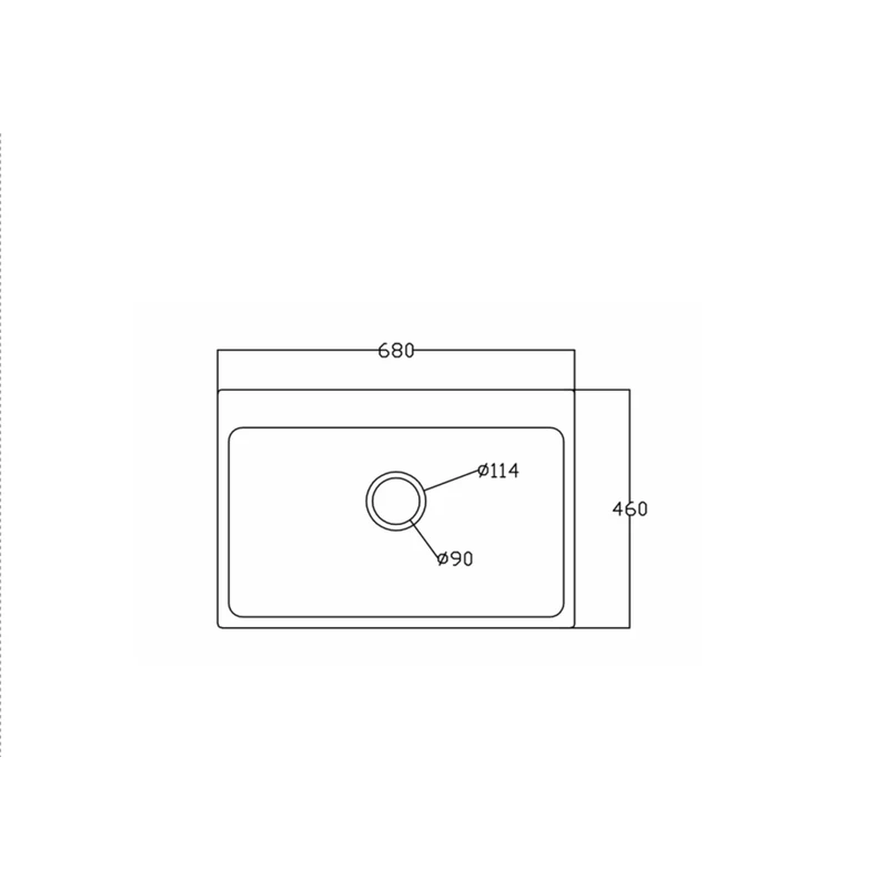 6846P quartz kitchen sink dimension drawing, 680 x 460 mm, 114 mm drain cover