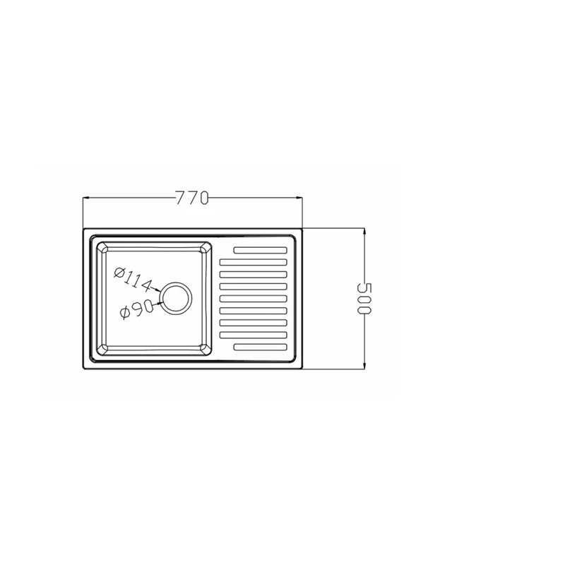 7750 quartz sink dimension drawing, 770 x 500 mm, 114 mm drain
