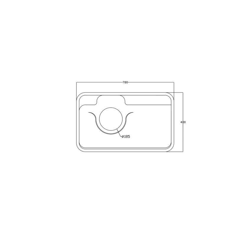 7848X quartz kitchen sink dimension drawing, 780 x 480 mm, 185 mm opening