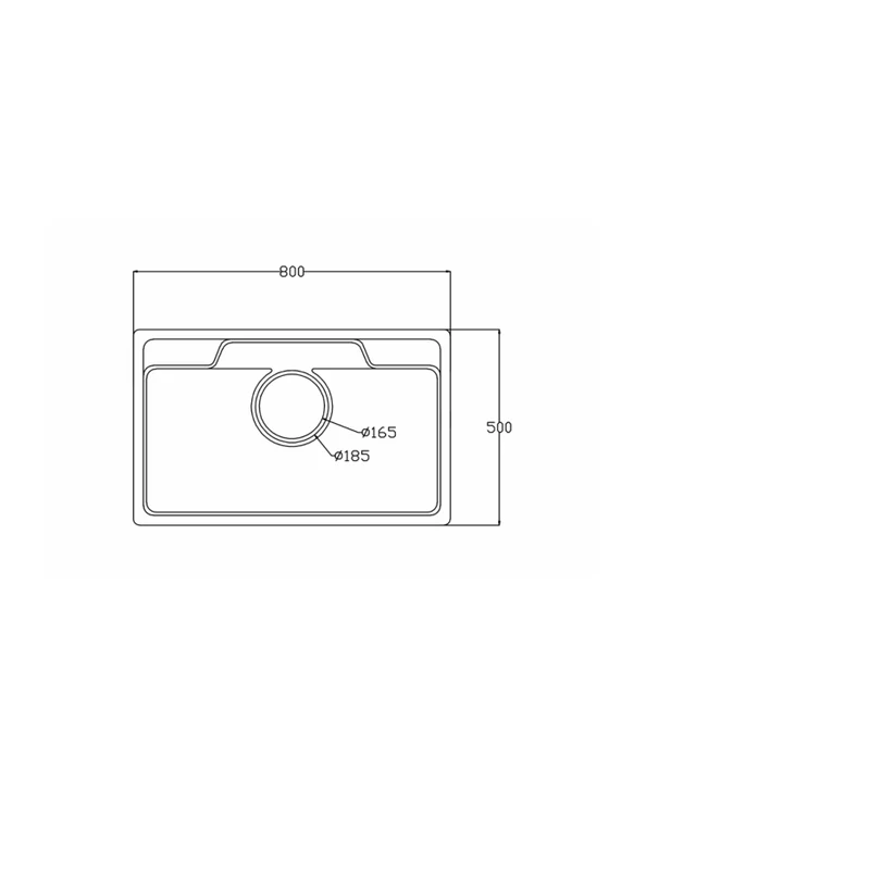 8050 quartz kitchen sink dimension drawing, 800 x 500 mm, drain opening 165 mm