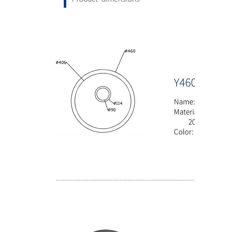 460 round quartz basin dimension drawing, 460 mm outer, 406 mm inner, 114/90 mm drain