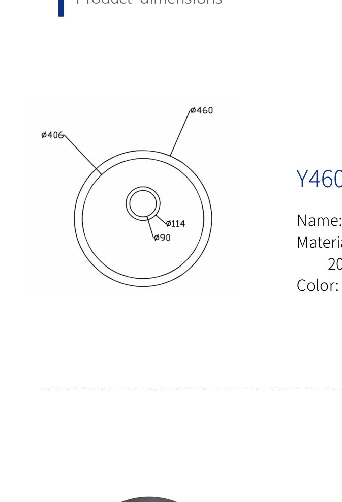 Y460 round quartz basin dimension drawing, 460 mm outer, 406 mm inner, 114/90 mm drain
