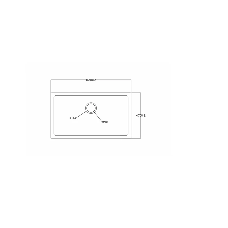 8247T undermount quartz sink dimension drawing, 828 x 475 mm with plus/minus 2 mm tolerance