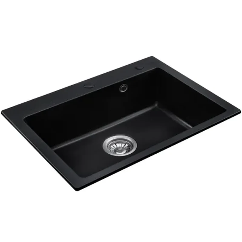 6846P topmount quartz kitchen sink, 680 x 460 mm single bowl, black quartz composite
