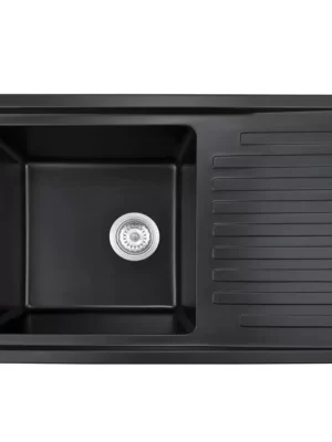 7750 quartz kitchen sink with draining board, 770 x 500 mm, square single bowl, black