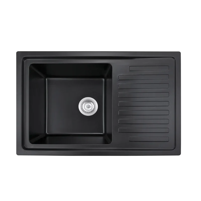 7750 quartz kitchen sink with draining board, 770 x 500 mm, square single bowl, black