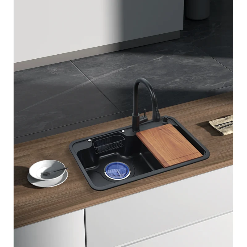 7848X quartz sink installed with cutting board and rinsing basket